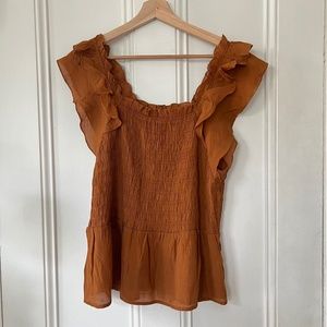 Nanette Lepore - Smocked Flutter Sleeve Top - Brown/Rust, Size L